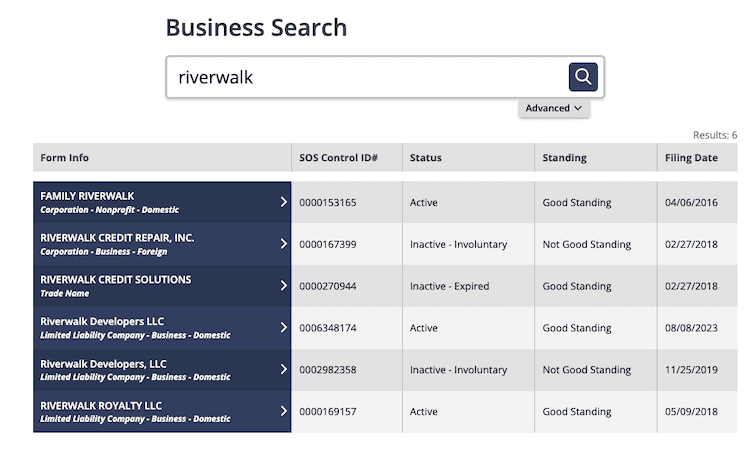 Screenshot of sample results from the North Dakota Business Entity Search
