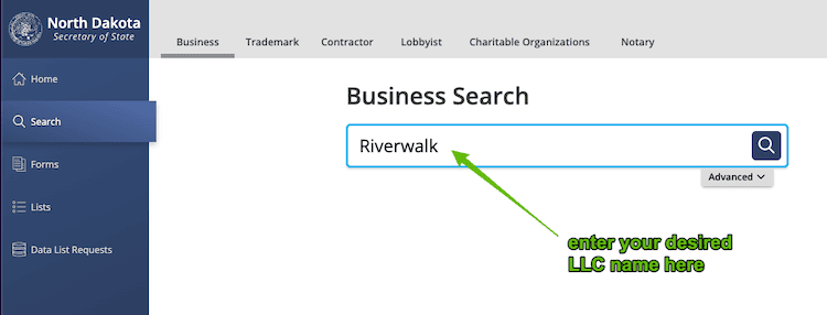 Screenshot with instructions on how to use the North Dakota Business Entity Search