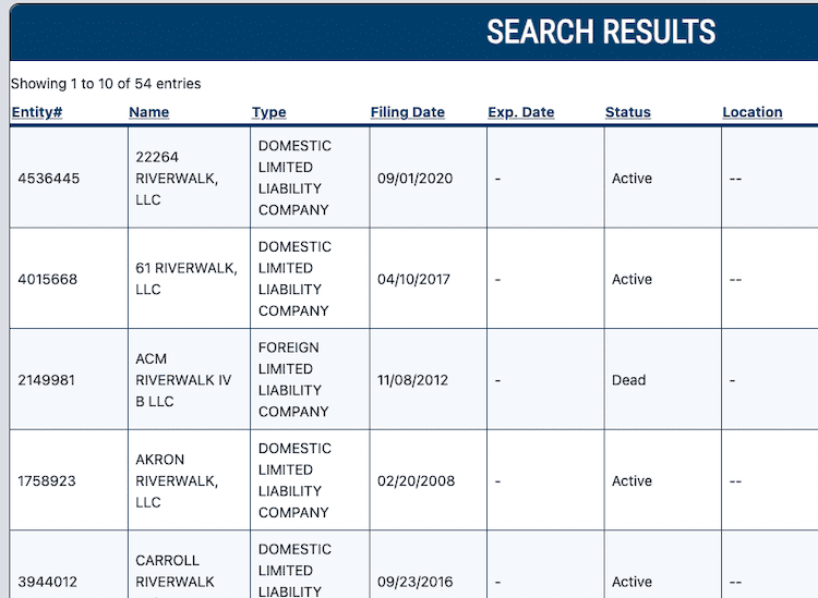 Screenshot of sample results from the Ohio Business Entity Search