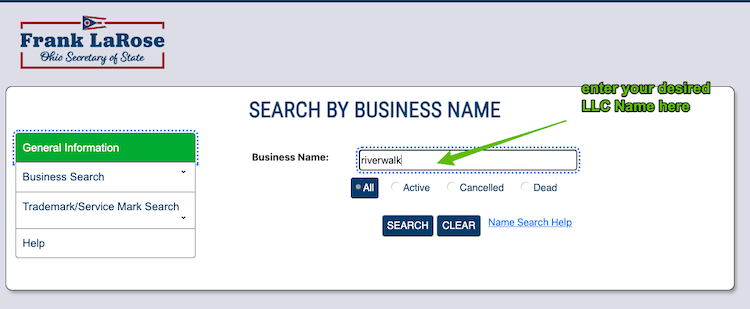 Screenshot with instructions on how to use the Ohio Business Entity Search