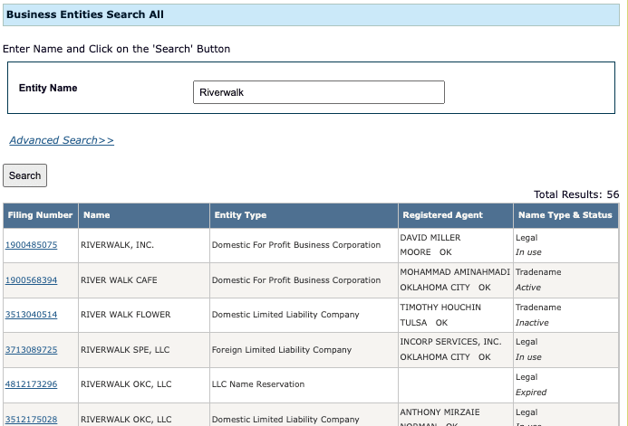 Screenshot of sample results from the Oklahoma Business Entity Search