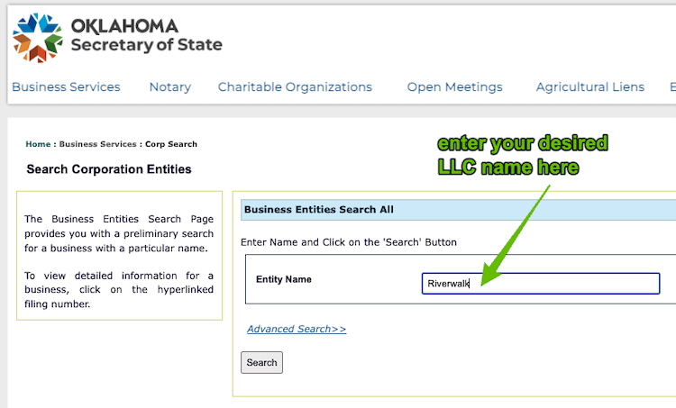 Screenshot with instructions on how to use the Oklahoma Business Entity Search