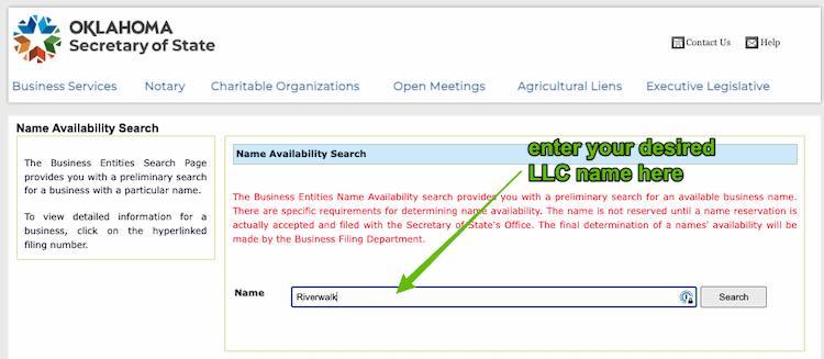 Screenshot with instructions on how to use the Oklahoma Business Name Availability Search