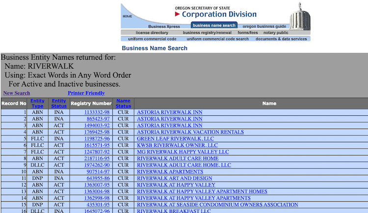 Screenshot of sample results from the Oregon Business Entity Search