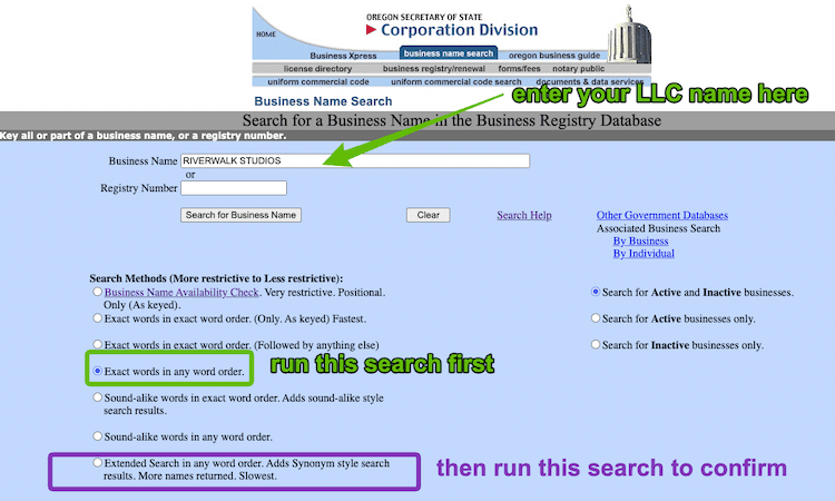 Screenshot with instructions on how to use the Oregon Business Entity Search