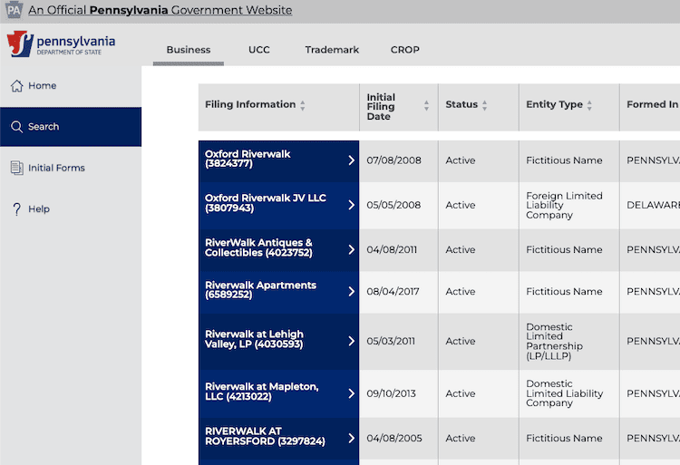 Screenshot of sample results from the Pennsylvania Business Entity Search