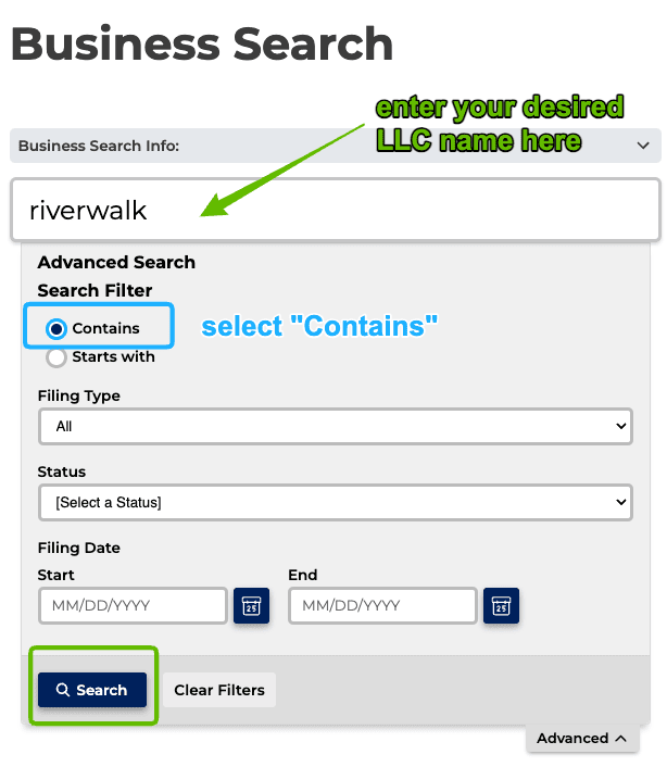 Screenshot with instructions on how to use the Pennsylvania Business Entity Search