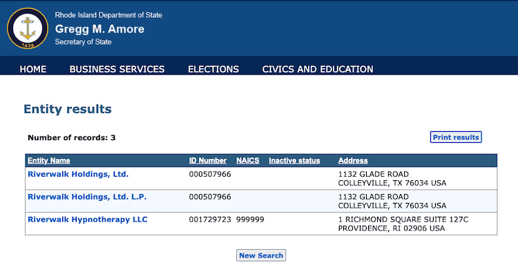 Screenshot of sample results from the Rhode Island Business Entity Search
