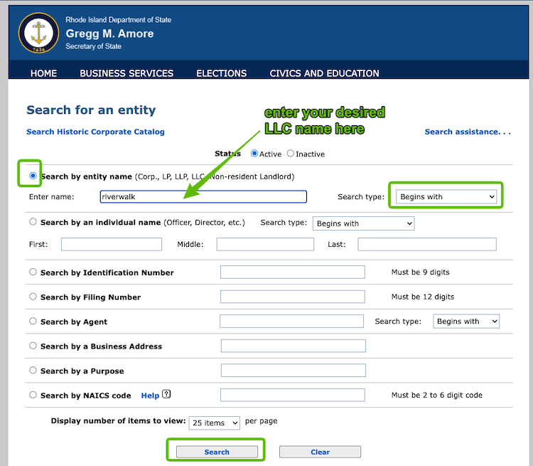 Screenshot with instructions on how to use the Rhode Island Business Entity Search