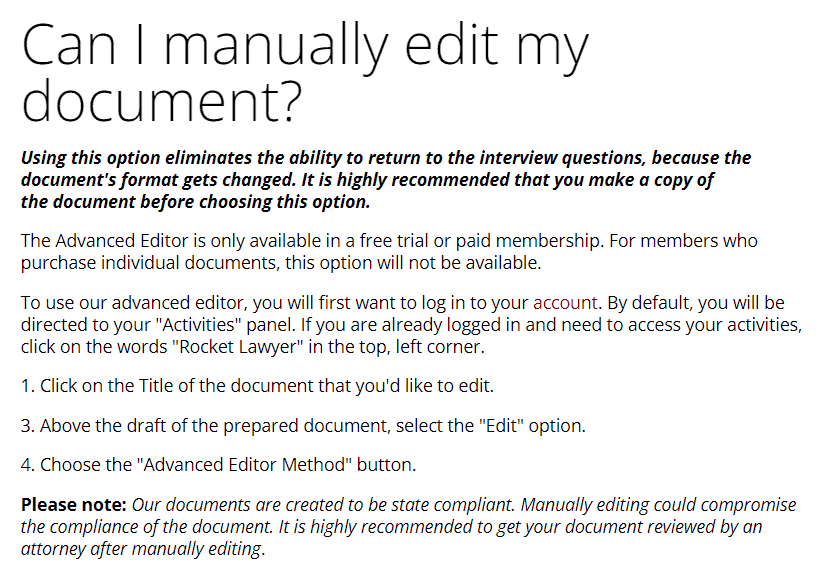 Example text of Rocket Lawyer's document editing instructions