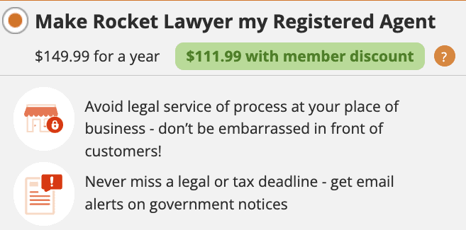 Rocket Lawyer's Registered Agent service is $149.99 per year.