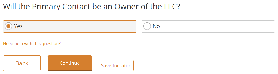 Example of Rocket Lawyer asking confusing questions in the checkout process. Will the Primary Contact be an Owner of the LLC?