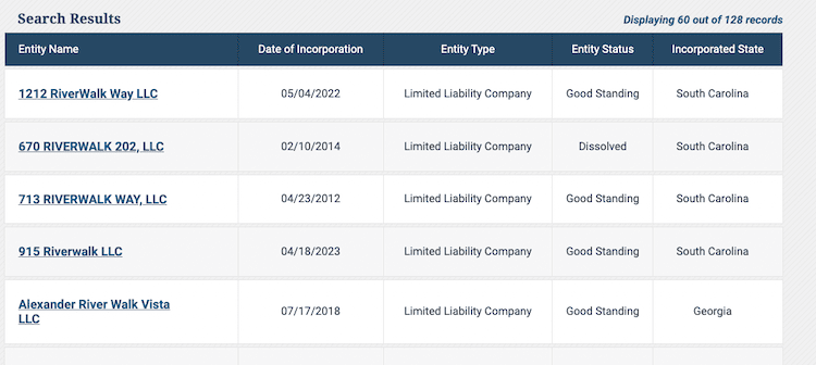 Screenshot of sample results from the South Carolina Business Entity Search