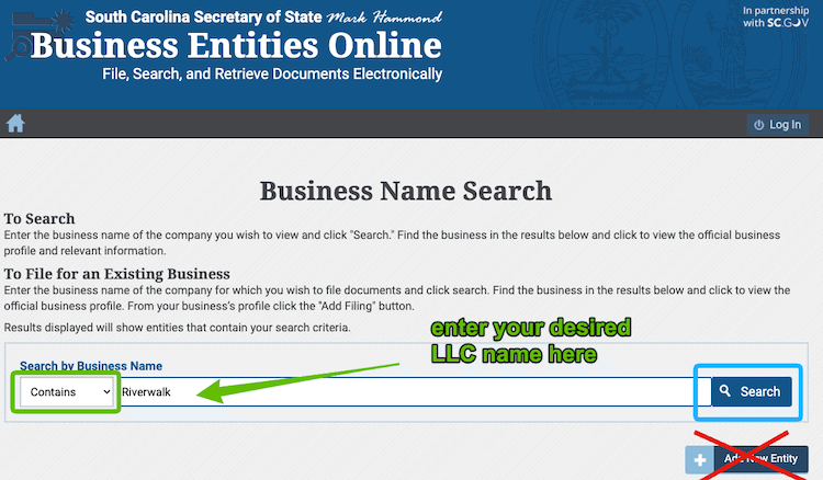 Screenshot with instructions on how to use the South Carolina Business Entity Search