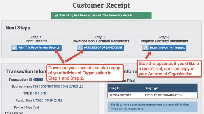 South Carolina LLC Online Filing Approval Page