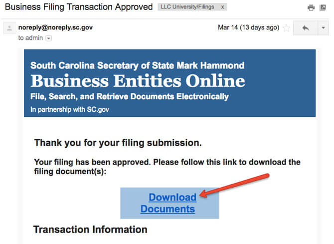 South Carolina LLC Online Filing Email Approval