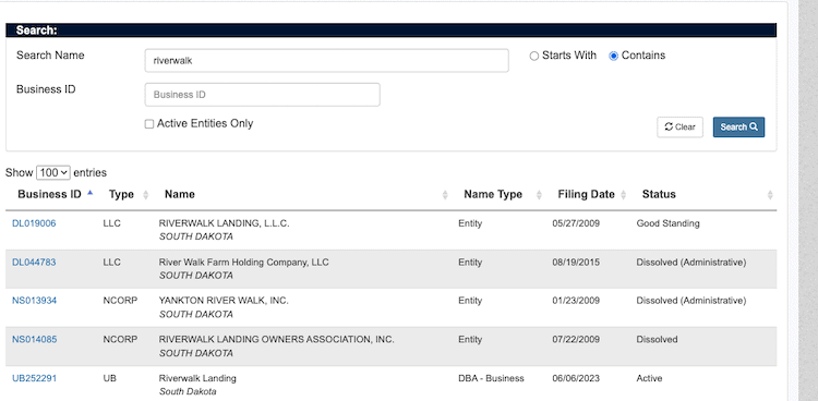 Screenshot of sample results from the South Dakota Business Entity Search