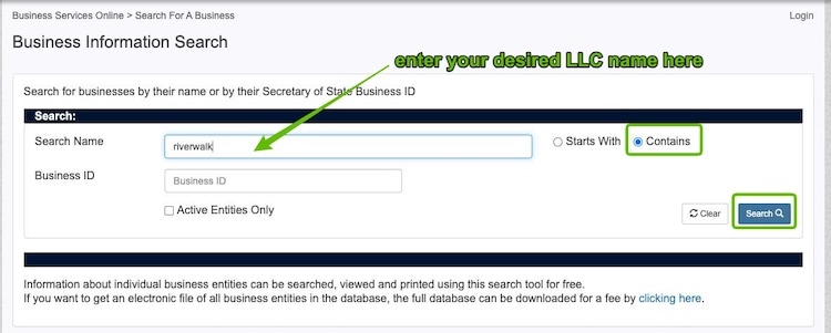 Screenshot with instructions on how to use the South Dakota Business Entity Search