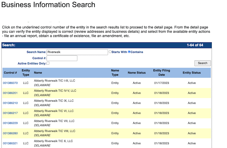 Screenshot of sample results from the Tennessee Business Entity Search