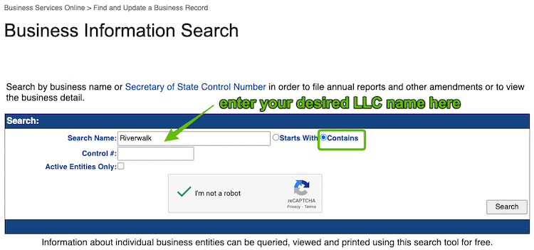 Screenshot with instructions on how to use the Tennessee Business Entity Search