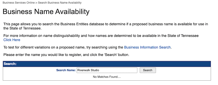 Screenshot with instructions on how to use the Tennessee Business Name Availability Search