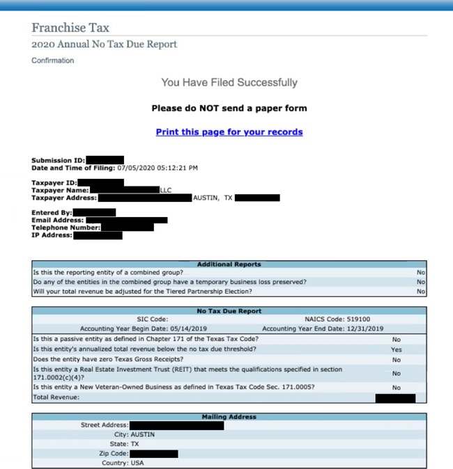 texas llc franchise tax no tax due report success message