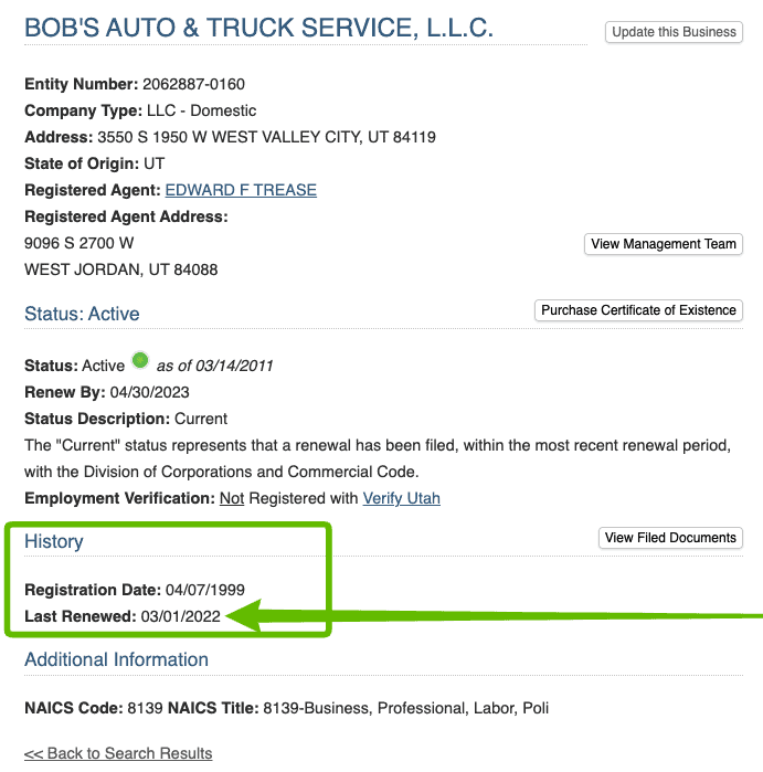 The screenshot of the Utah LLC Renewal online page shows the renewal date after the words, Last Renewed, under the, History, heading. A green box surrounds this heading and section. A green arrow points to the last renewed date.