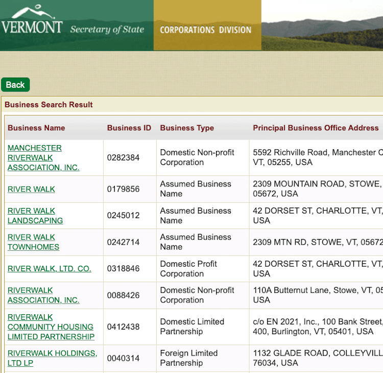 Screenshot of sample results from the Vermont Business Entity Search