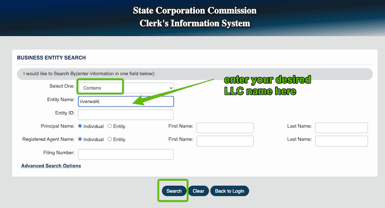 Screenshot with instructions on how to use the Virginia Business Entity Search