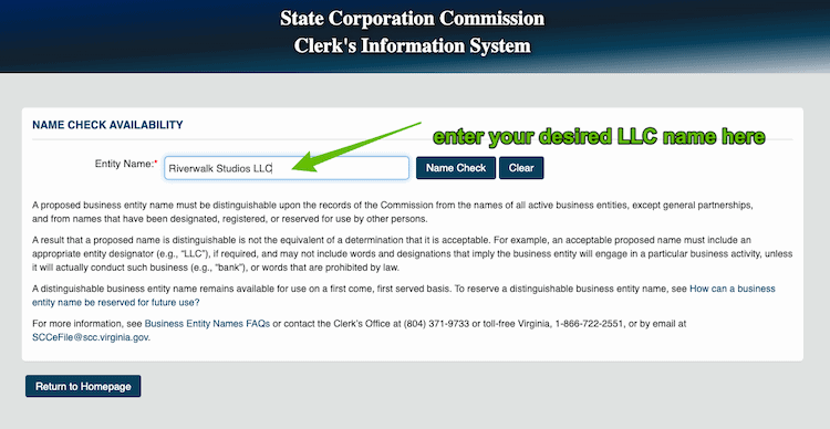 Screenshot with instructions on how to use the Virginia Business Name Availability Search