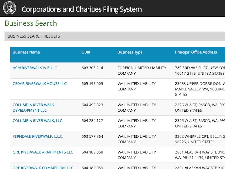 Screenshot of sample results from the Washington Business Entity Search