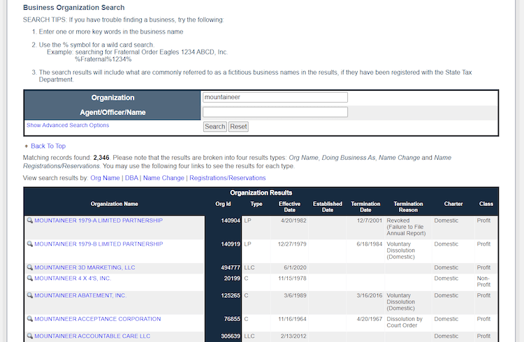 This screenshot of West Virginia SOS Business Organization Search shows results for West Virginia businesses with the example keyword, mountaineer.