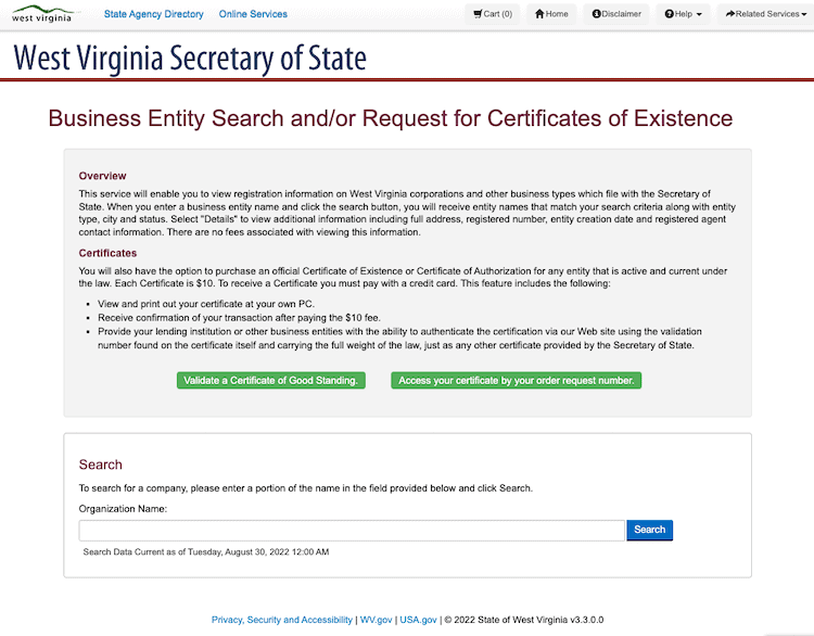 West Virginia Secretary of State Business Entity Search Screenshot of the Homepage