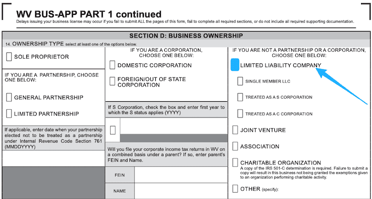 A blue arrow on the West Virginia business license application point to the phrase, Limited Liability Company. A blue box indicates where to place check marks.