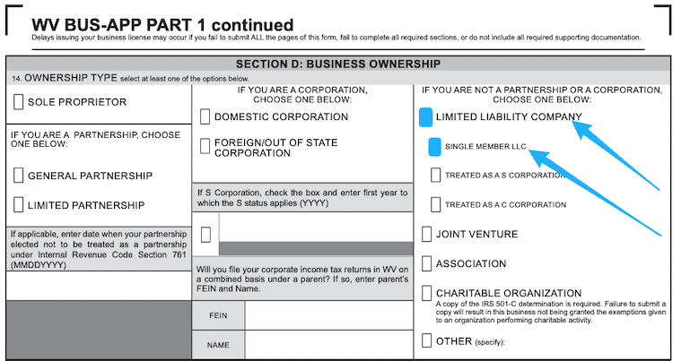 Blue arrows on the West Virginia business license application point to the phrases, Limited Liability Company, and, Single Member LLC. Blue boxes indicate where to place check marks..