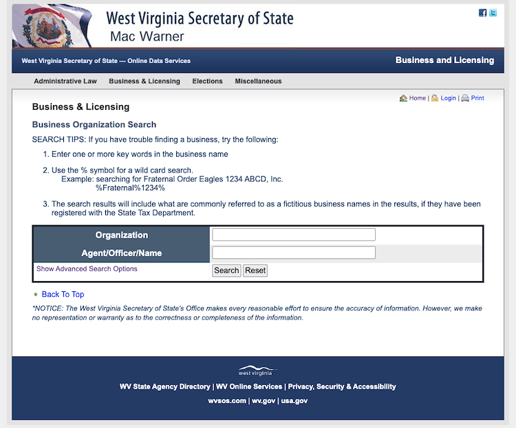West Virginia Secretary of State Business Organization Search Tool Screenshot Showing the Homepage