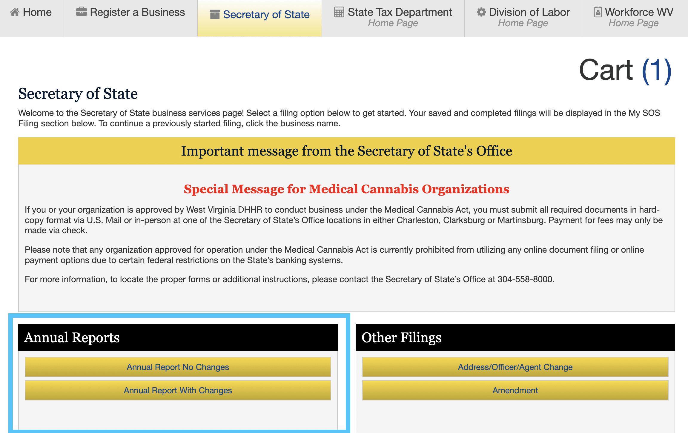 The blue box indicates where to find your Annual Report filing in the Secretary of State tab within West Virginia's One Stop Business Portal.