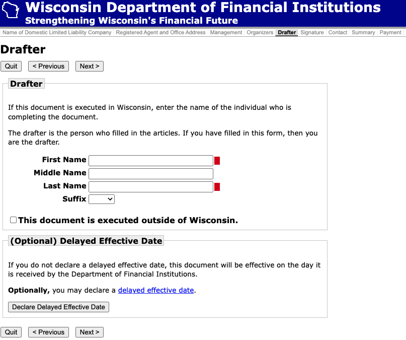 This screenshot of the Wisconsin DFI's LLC formation process shows the blank Drafter and Delayed Effective Date sections.