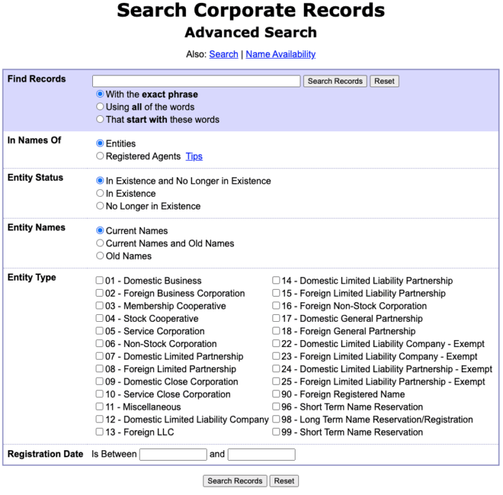 Wisconsin Business Name Search screenshot showing Advanced Search options, including entity status, entity names, and entity type