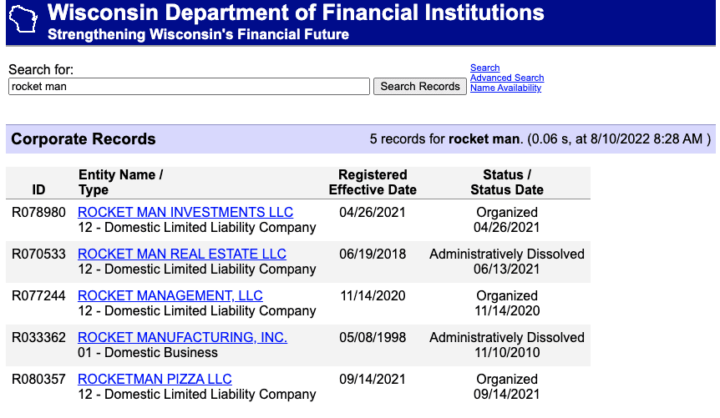 This screenshot of the Wisconsin Business Name Search Results shows several businesses already exist with names that may conflict with the desired LLC name.