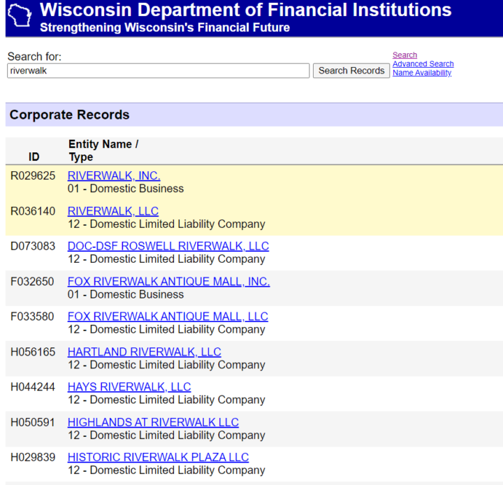 This screenshot of Wisconsin DFI's Business Name Search shows results for Wisconsin businesses with the example name, riverwalk.