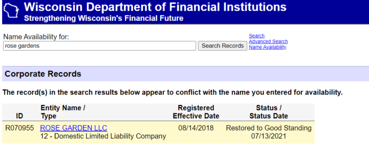 This screenshot of the Wisconsin Name Availability Search Results shows a business already exists with a name that conflicts with the desired LLC name.