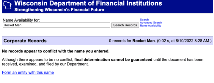 This screenshot of the Wisconsin Name Availability Search Results shows no businesses appear to conflict with desired LLC name.