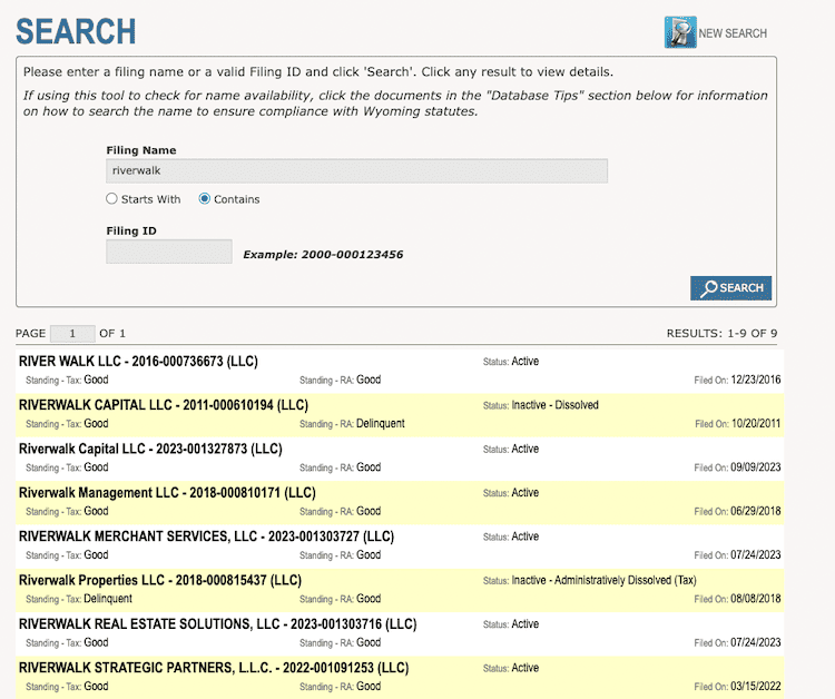 Screenshot of sample results from the Wyoming Business Entity Search