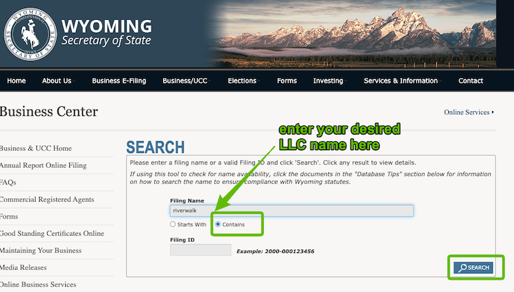Screenshot with instructions on how to use the Wyoming Business Entity Search