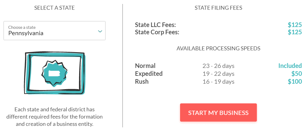 To form an LLC with ZenBusiness, select your state and choose your package options.